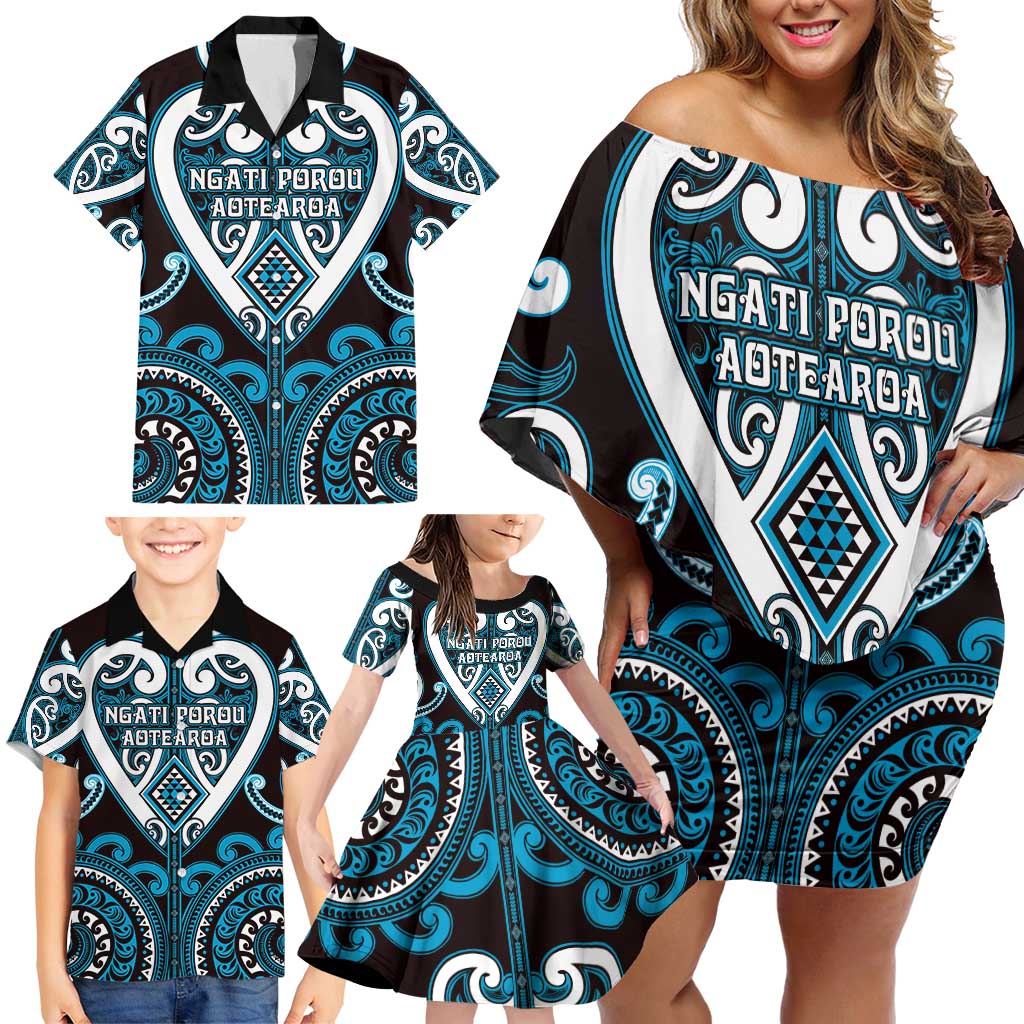 Custom Aotearoa Ngati Porou Family Matching Off Shoulder Short Dress and Hawaiian Shirt Maori Tribal Pattern LT05 - Polynesian Pride