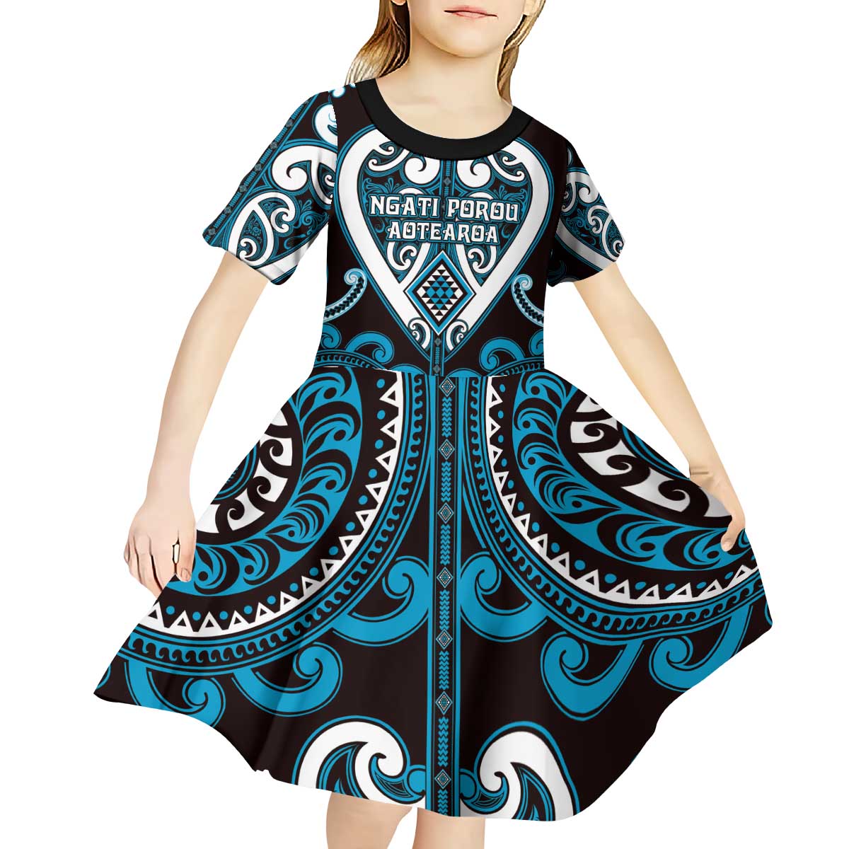 Custom Aotearoa Ngati Porou Kid Short Sleeve Dress Maori Tribal Pattern