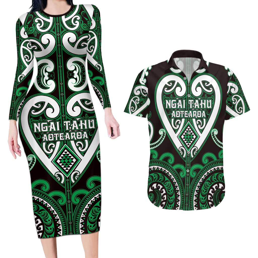 Custom Aotearoa Ngai Tahu Couples Matching Long Sleeve Bodycon Dress and Hawaiian Shirt Maori Tribal Pattern