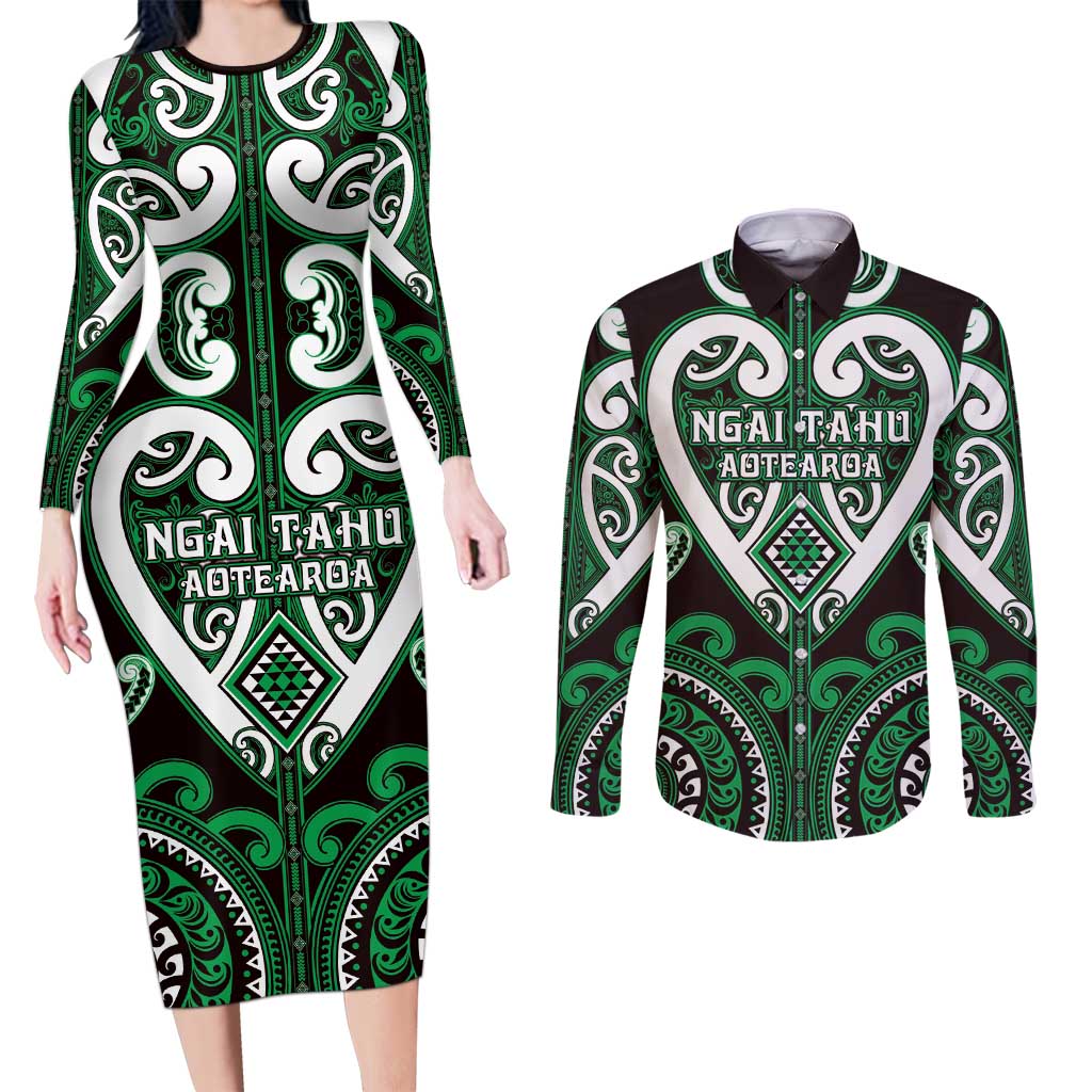 Custom Aotearoa Ngai Tahu Couples Matching Long Sleeve Bodycon Dress and Long Sleeve Button Shirt Maori Tribal Pattern