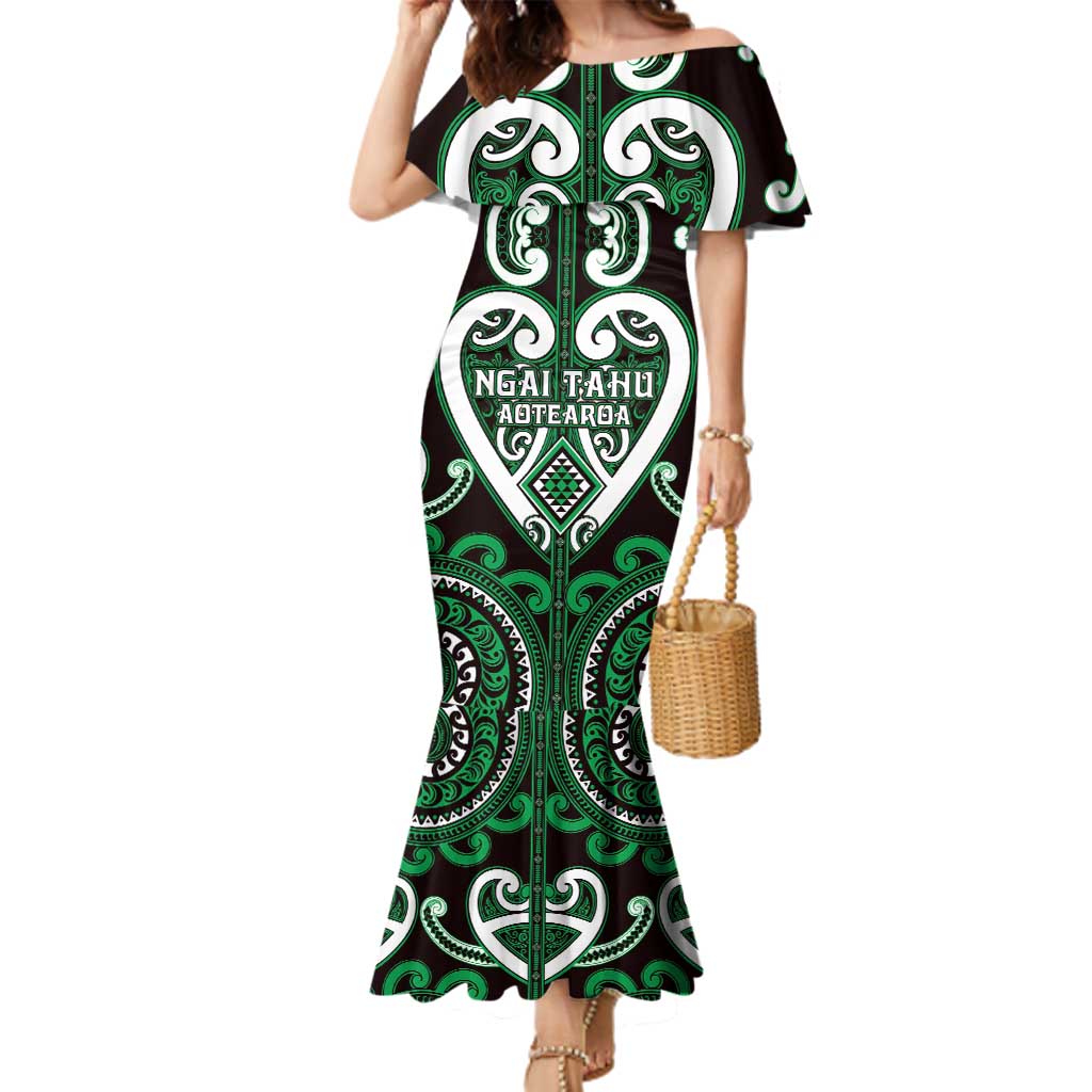 Custom Aotearoa Ngai Tahu Family Matching Mermaid Dress and Hawaiian Shirt Maori Tribal Pattern LT05 Mom's Dress Green - Polynesian Pride