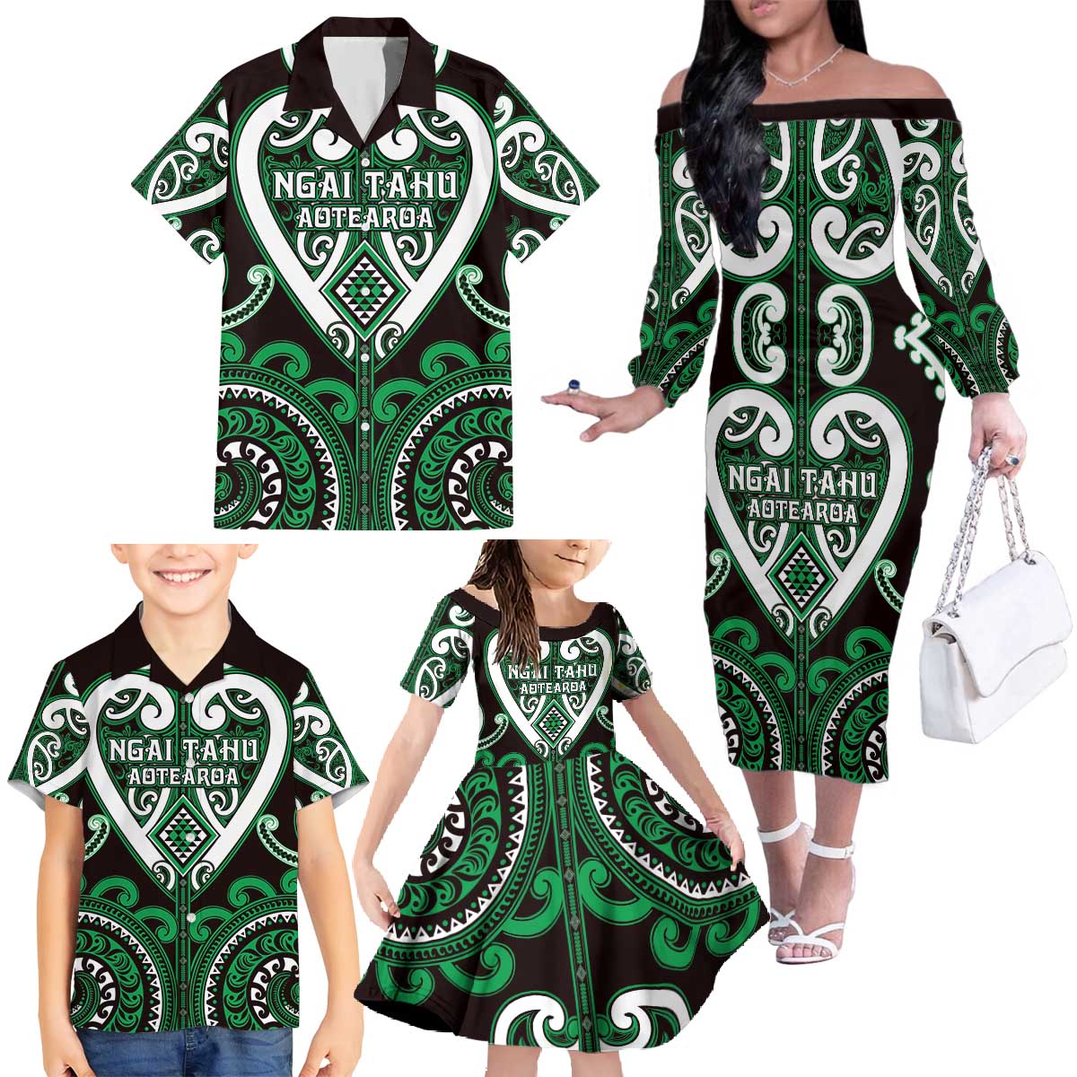 Custom Aotearoa Ngai Tahu Family Matching Off The Shoulder Long Sleeve Dress and Hawaiian Shirt Maori Tribal Pattern