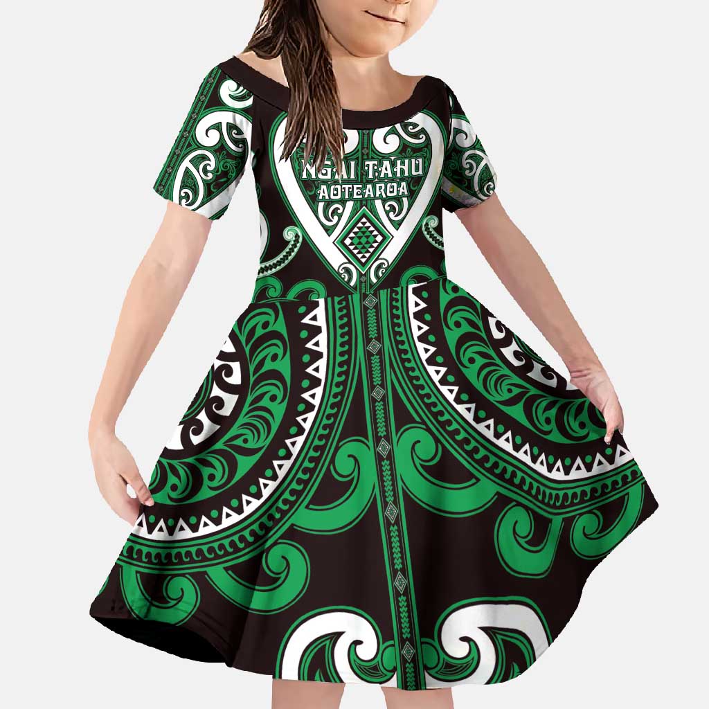 Custom Aotearoa Ngai Tahu Family Matching Off Shoulder Maxi Dress and Hawaiian Shirt Maori Tribal Pattern LT05 Daughter's Dress Green - Polynesian Pride