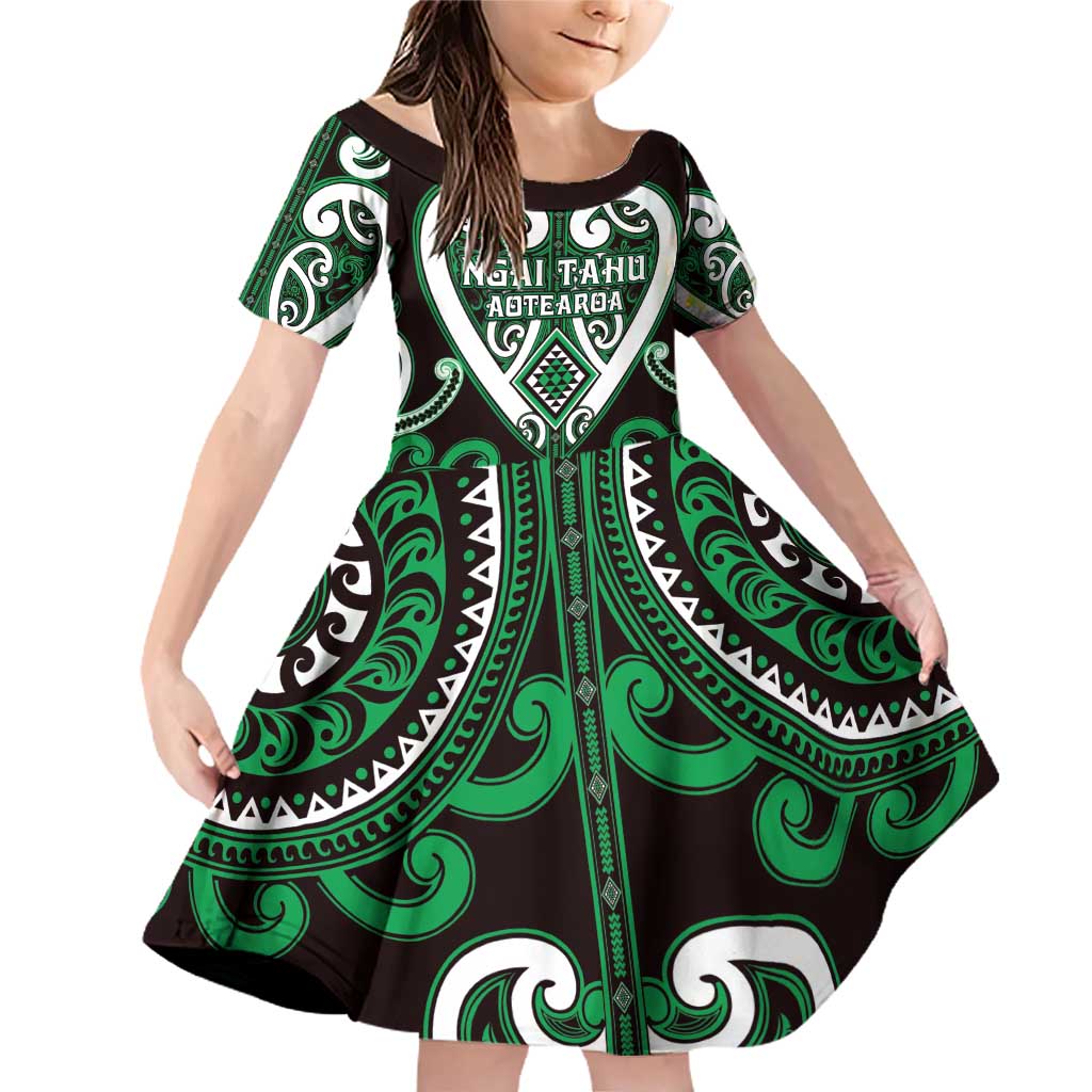 Custom Aotearoa Ngai Tahu Family Matching Off Shoulder Short Dress and Hawaiian Shirt Maori Tribal Pattern LT05 Daughter's Dress Green - Polynesian Pride