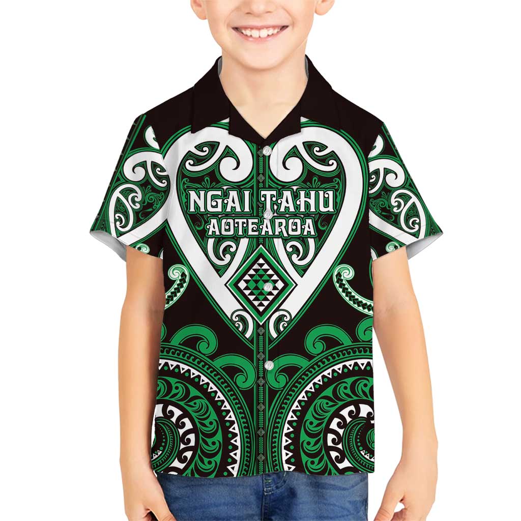 Custom Aotearoa Ngai Tahu Family Matching Off Shoulder Short Dress and Hawaiian Shirt Maori Tribal Pattern LT05 Son's Shirt Green - Polynesian Pride