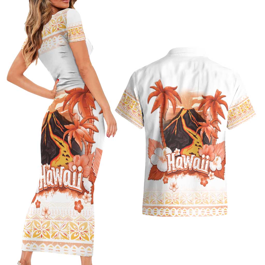 Hawaiian Volcano Lava Flow Couples Matching Short Sleeve Bodycon Dress and Hawaiian Shirt With Hawaiian Tapa Pattern LT05 - Polynesian Pride