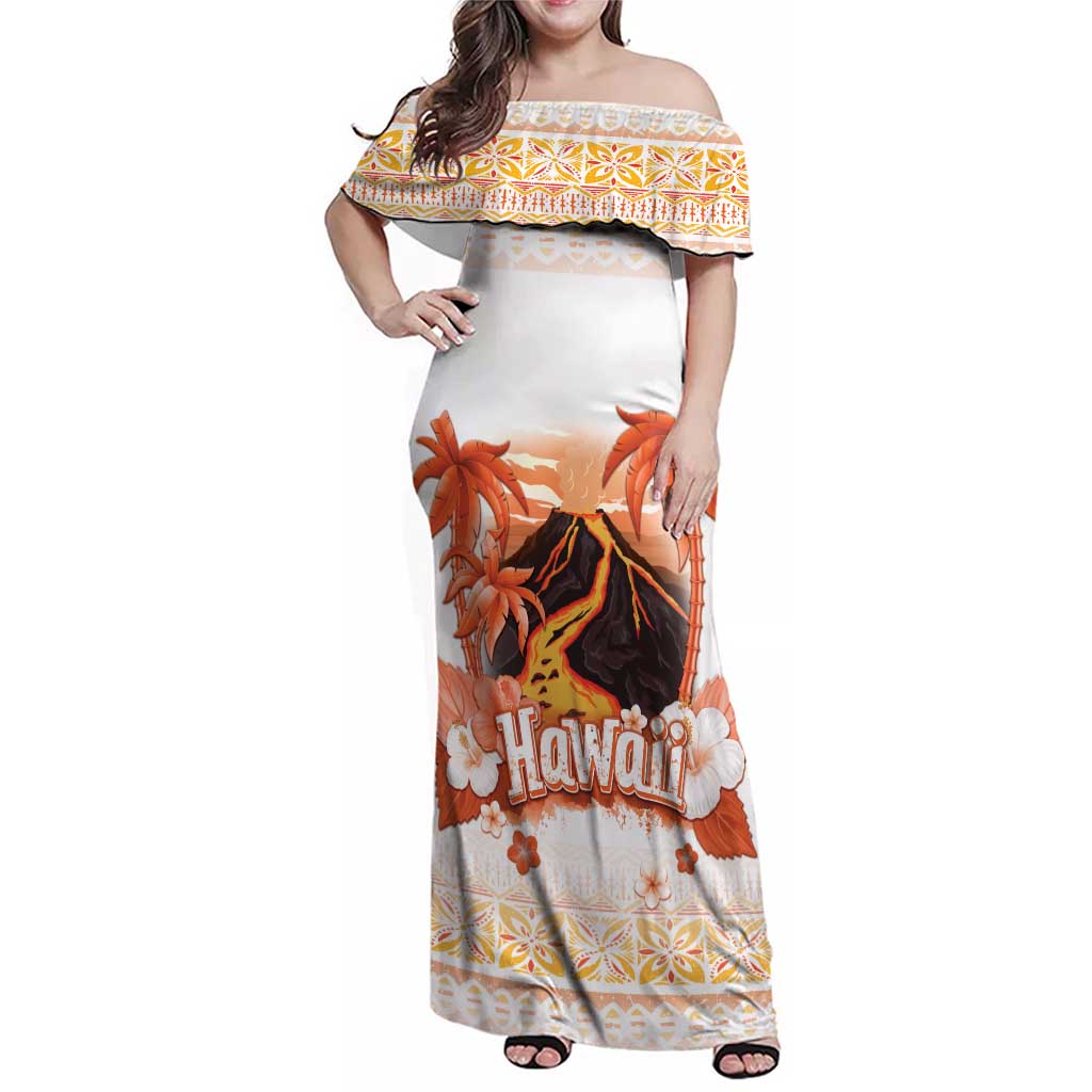 Hawaiian Volcano Lava Flow Family Matching Off Shoulder Maxi Dress and Hawaiian Shirt With Hawaiian Tapa Pattern LT05 Mom's Dress Orange - Polynesian Pride