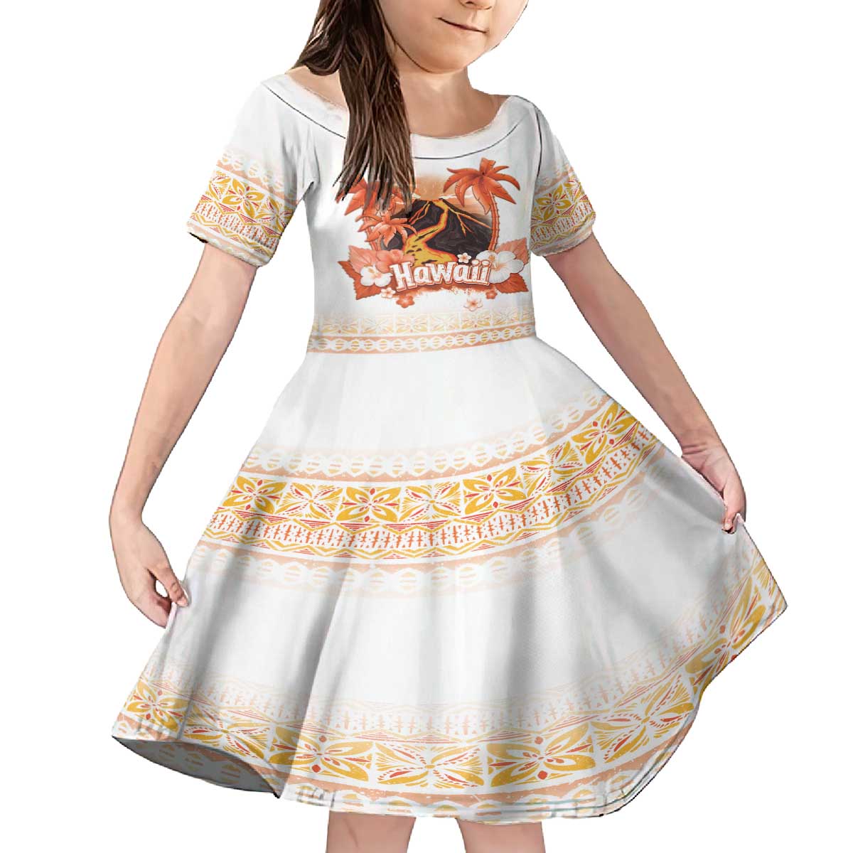 Hawaiian Volcano Lava Flow Family Matching Puletasi and Hawaiian Shirt With Hawaiian Tapa Pattern LT05 Daughter's Dress Orange - Polynesian Pride