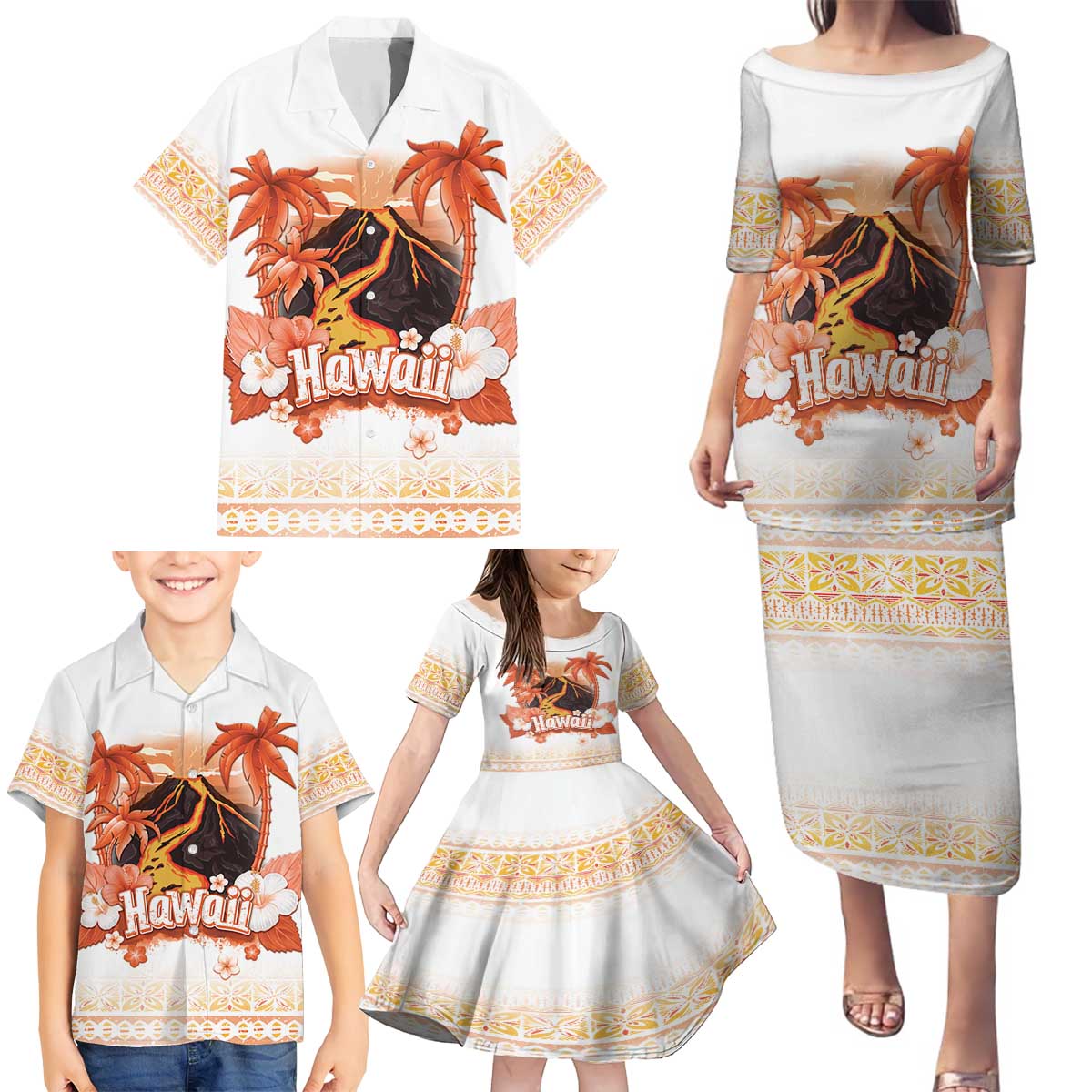 Hawaiian Volcano Lava Flow Family Matching Puletasi and Hawaiian Shirt With Hawaiian Tapa Pattern LT05 - Polynesian Pride
