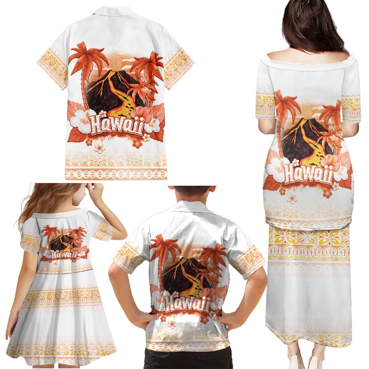 Hawaiian Volcano Lava Flow Family Matching Puletasi and Hawaiian Shirt With Hawaiian Tapa Pattern LT05 - Polynesian Pride