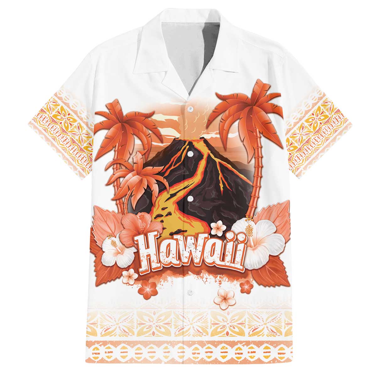 Hawaiian Volcano Lava Flow Family Matching Puletasi and Hawaiian Shirt With Hawaiian Tapa Pattern LT05 Dad's Shirt - Short Sleeve Orange - Polynesian Pride