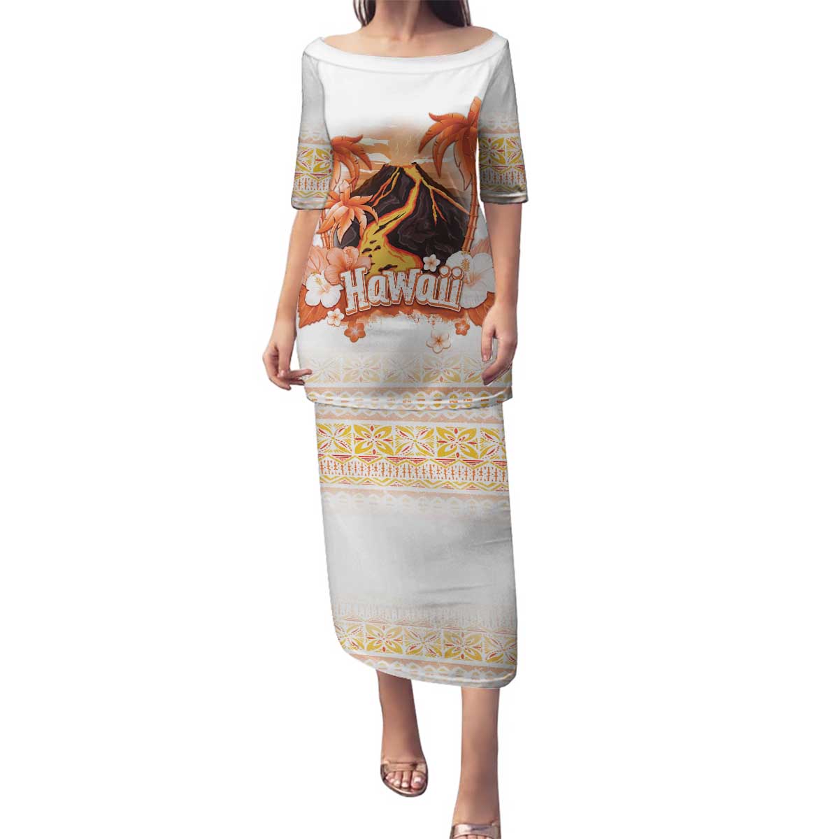 Hawaiian Volcano Lava Flow Family Matching Puletasi and Hawaiian Shirt With Hawaiian Tapa Pattern LT05 Mom's Dress Orange - Polynesian Pride