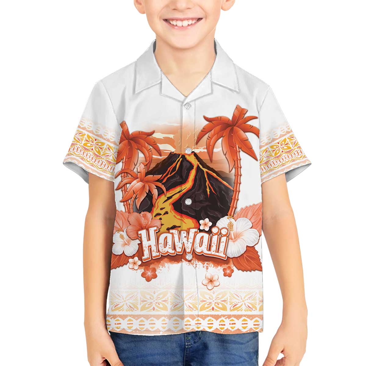Hawaiian Volcano Lava Flow Family Matching Puletasi and Hawaiian Shirt With Hawaiian Tapa Pattern LT05 Son's Shirt Orange - Polynesian Pride