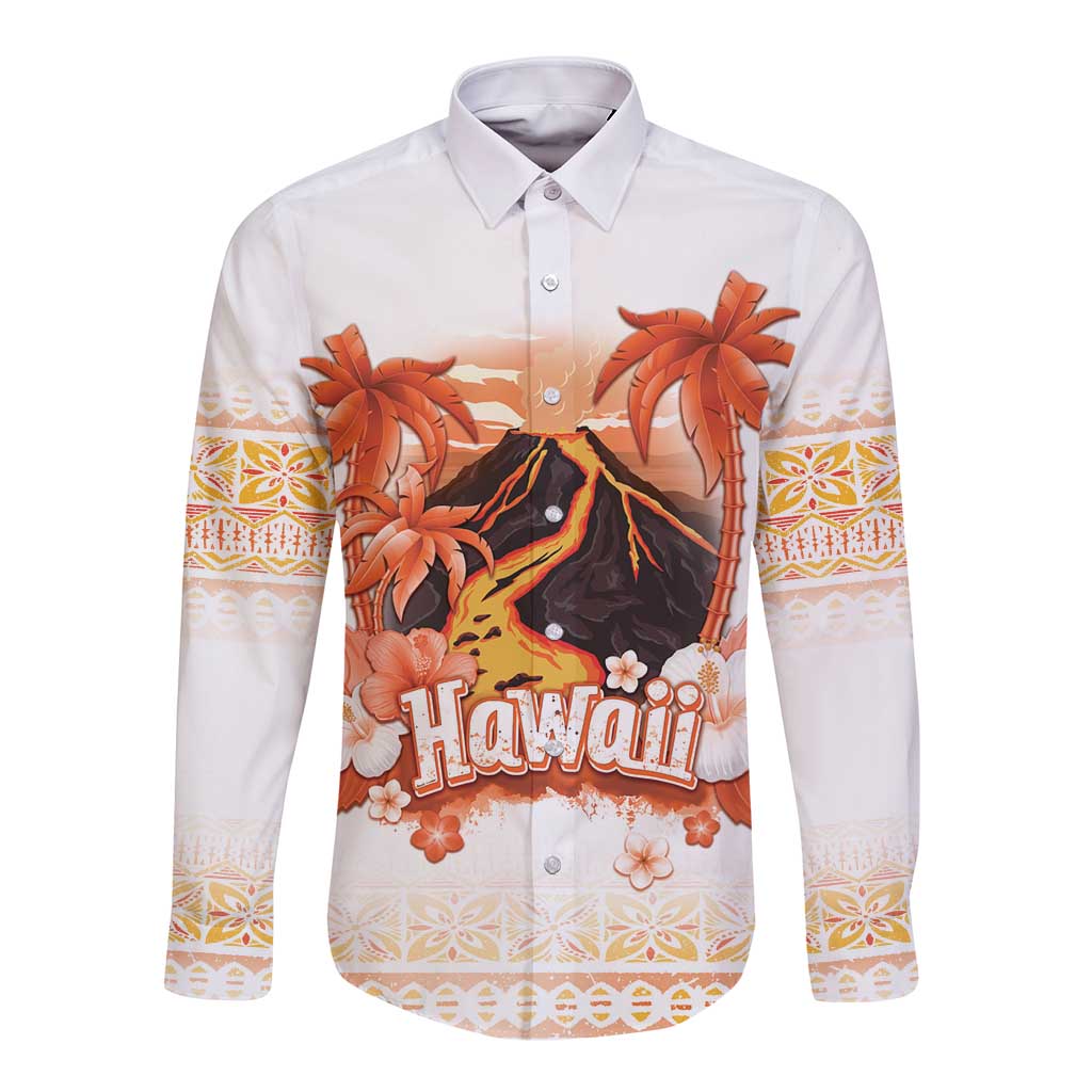 Hawaiian Volcano Lava Flow Long Sleeve Button Shirt With Hawaiian Tapa Pattern LT05 Unisex Orange - Polynesian Pride