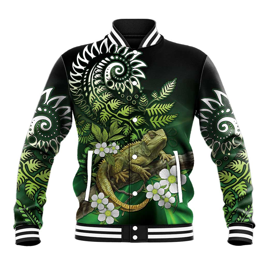 Aotearoa New Zealand Tuatara Baseball Jacket Maori Koru Art LT05 Unisex Green - Polynesian Pride