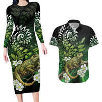 Aotearoa New Zealand Tuatara Couples Matching Long Sleeve Bodycon Dress and Hawaiian Shirt Maori Koru Art LT05 Green - Polynesian Pride