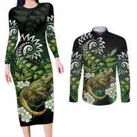Aotearoa New Zealand Tuatara Couples Matching Long Sleeve Bodycon Dress and Long Sleeve Button Shirt Maori Koru Art LT05 Green - Polynesian Pride
