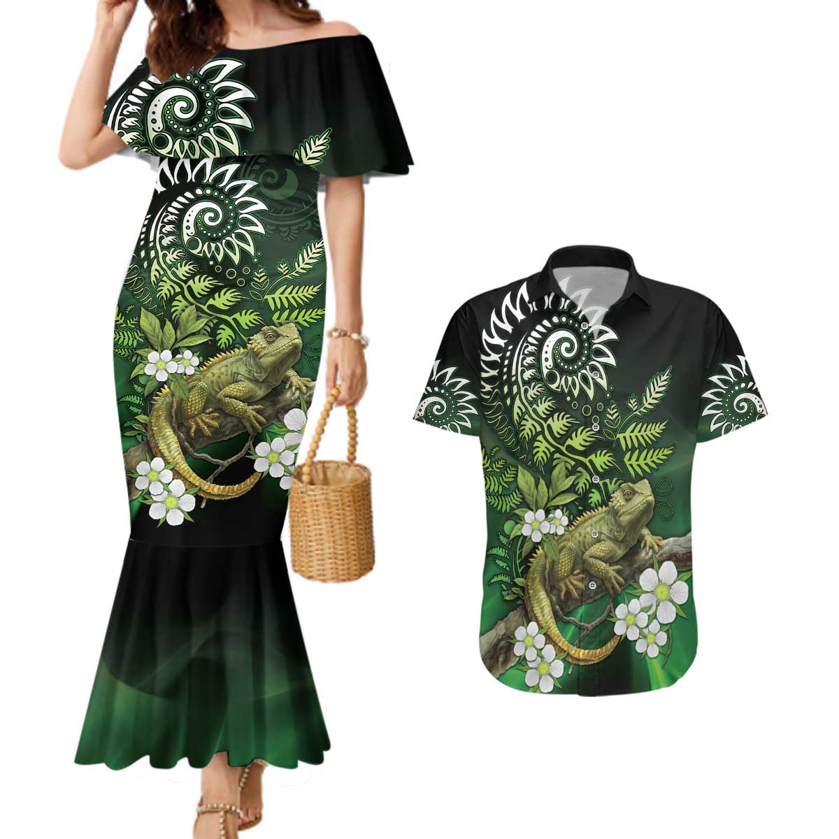 Aotearoa New Zealand Tuatara Couples Matching Mermaid Dress and Hawaiian Shirt Maori Koru Art LT05 Green - Polynesian Pride
