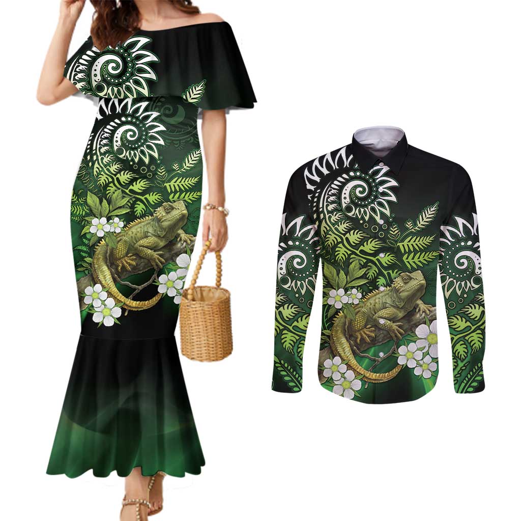 Aotearoa New Zealand Tuatara Couples Matching Mermaid Dress and Long Sleeve Button Shirt Maori Koru Art LT05 Green - Polynesian Pride