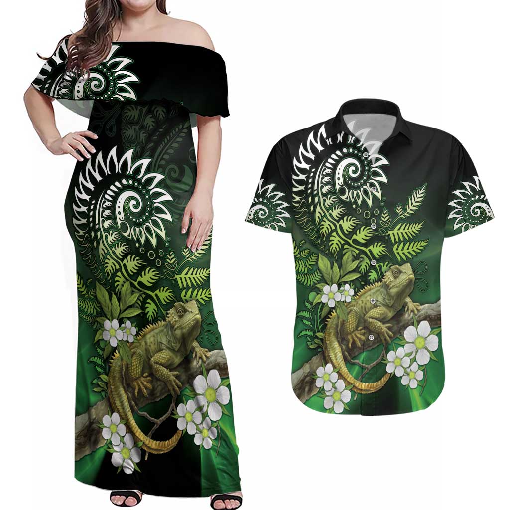 Aotearoa New Zealand Tuatara Couples Matching Off Shoulder Maxi Dress and Hawaiian Shirt Maori Koru Art LT05 Green - Polynesian Pride