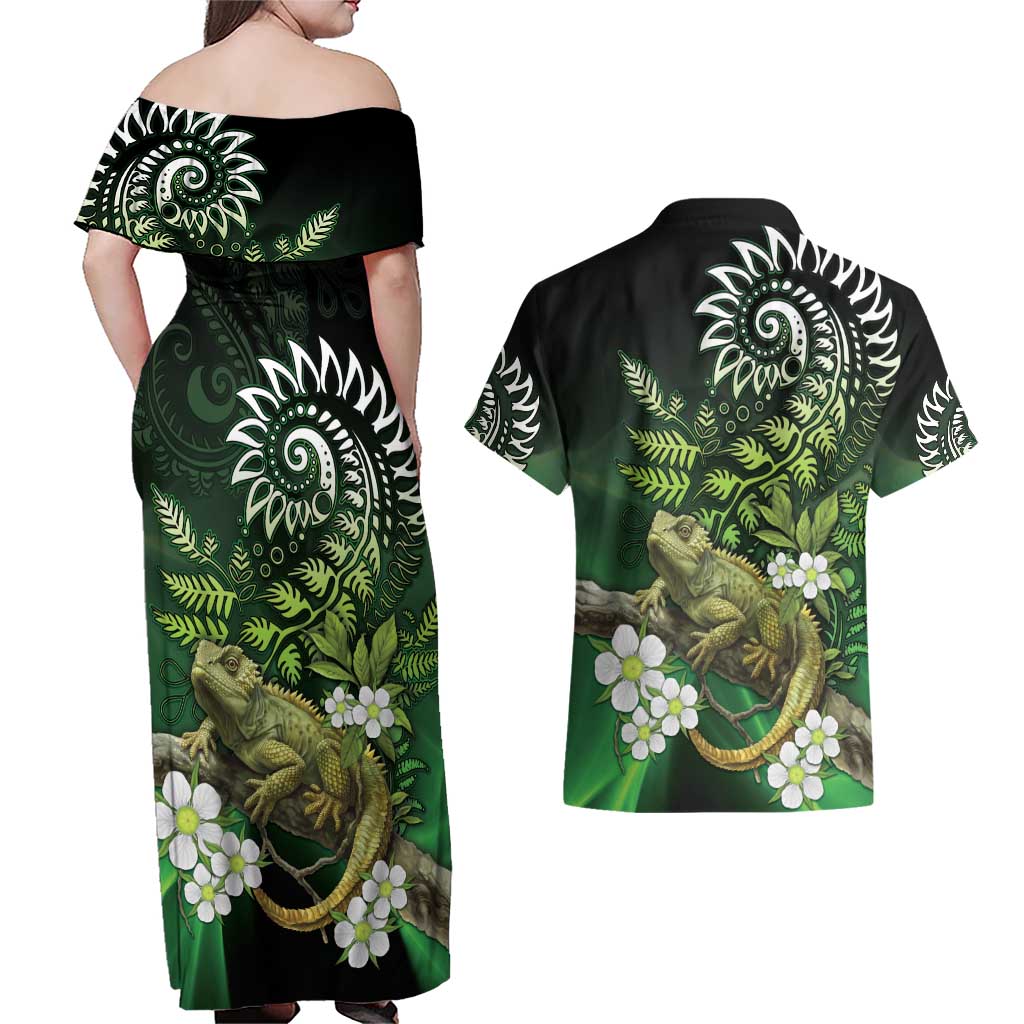 Aotearoa New Zealand Tuatara Couples Matching Off Shoulder Maxi Dress and Hawaiian Shirt Maori Koru Art LT05 - Polynesian Pride