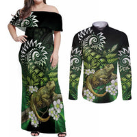 Aotearoa New Zealand Tuatara Couples Matching Off Shoulder Maxi Dress and Long Sleeve Button Shirt Maori Koru Art LT05 Green - Polynesian Pride