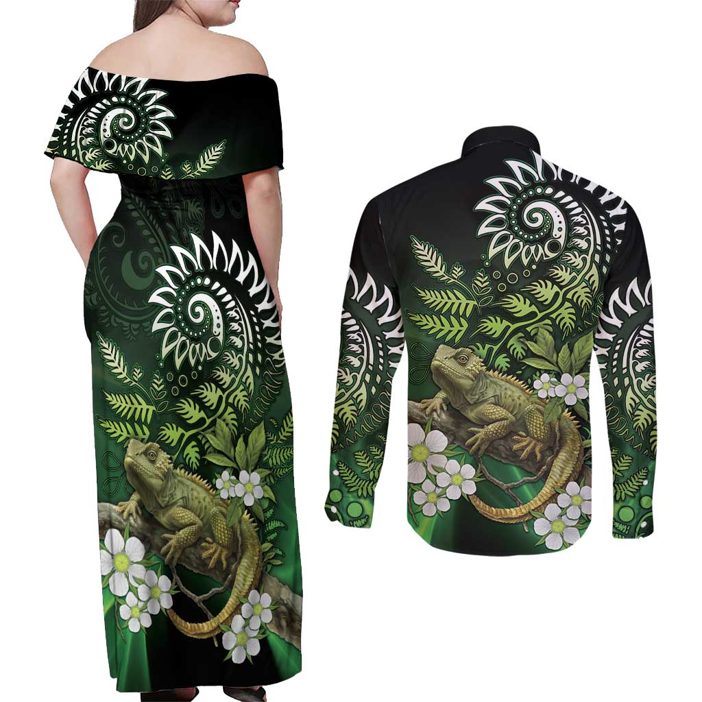 Aotearoa New Zealand Tuatara Couples Matching Off Shoulder Maxi Dress and Long Sleeve Button Shirt Maori Koru Art LT05 - Polynesian Pride