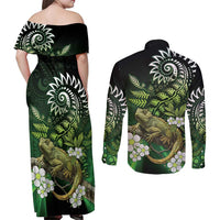 Aotearoa New Zealand Tuatara Couples Matching Off Shoulder Maxi Dress and Long Sleeve Button Shirt Maori Koru Art LT05 - Polynesian Pride