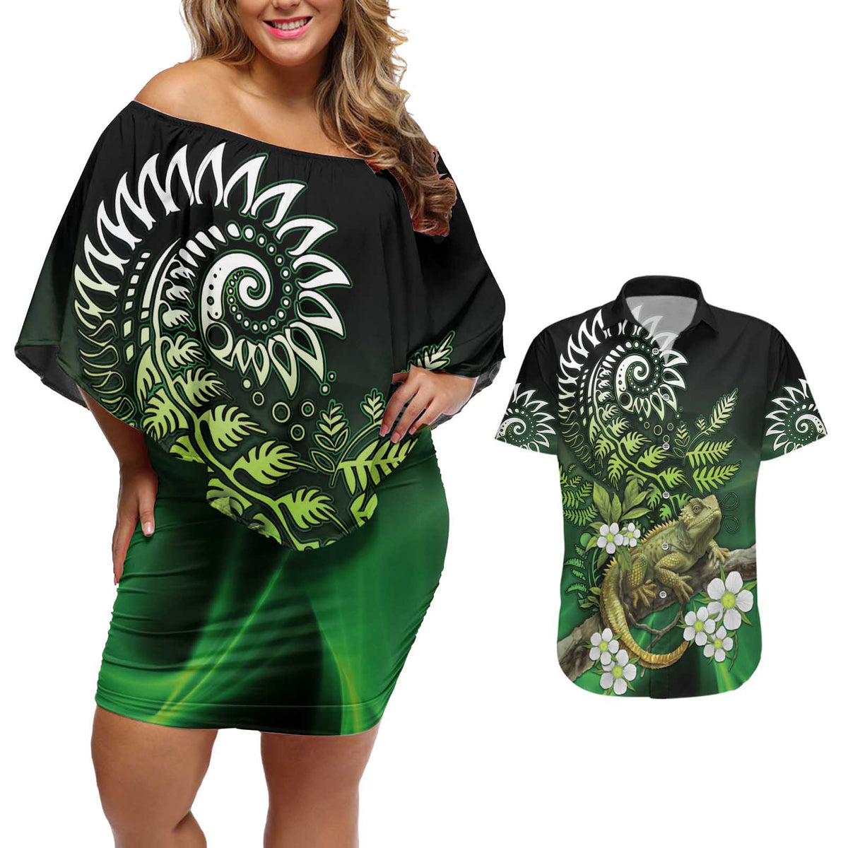 Aotearoa New Zealand Tuatara Couples Matching Off Shoulder Short Dress and Hawaiian Shirt Maori Koru Art LT05 Green - Polynesian Pride