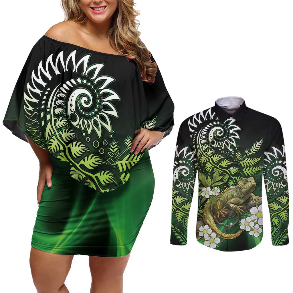 Aotearoa New Zealand Tuatara Couples Matching Off Shoulder Short Dress and Long Sleeve Button Shirt Maori Koru Art LT05 Green - Polynesian Pride
