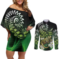Aotearoa New Zealand Tuatara Couples Matching Off Shoulder Short Dress and Long Sleeve Button Shirt Maori Koru Art LT05 Green - Polynesian Pride