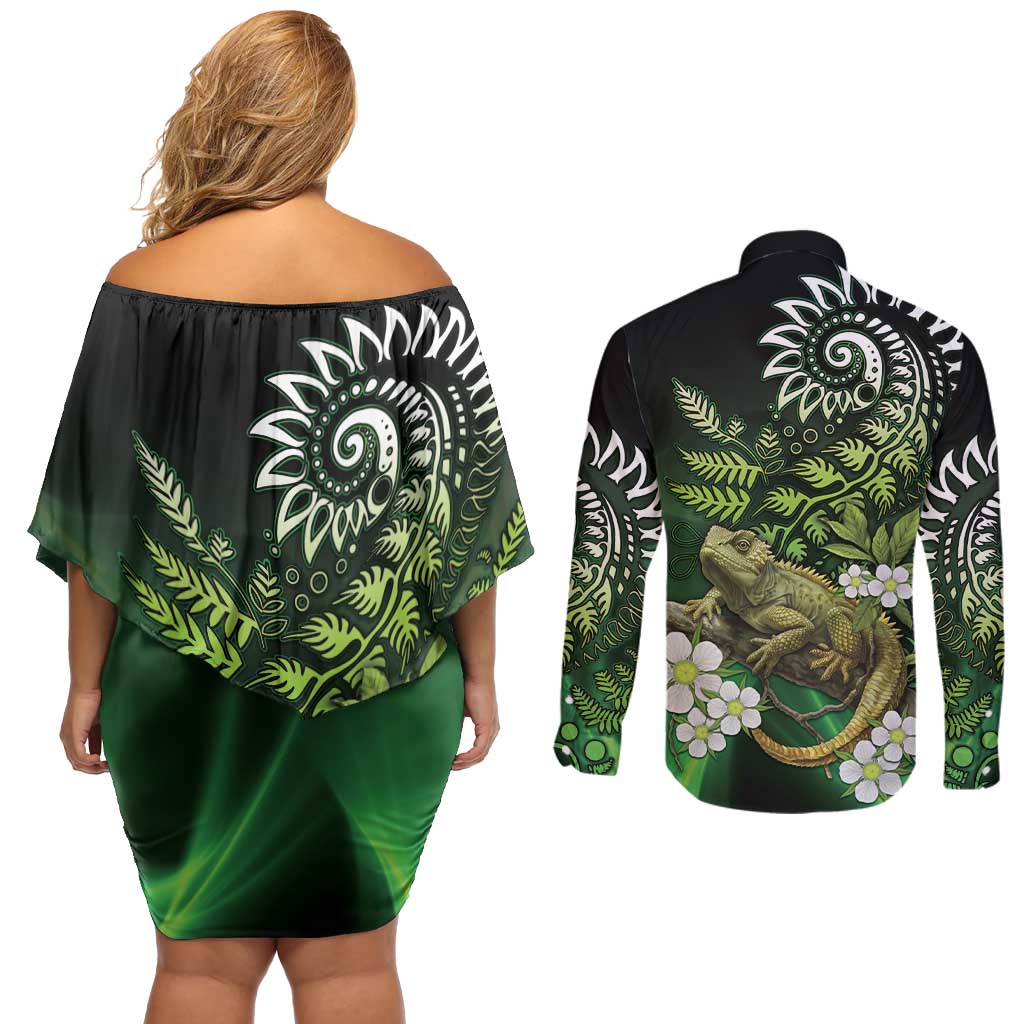 Aotearoa New Zealand Tuatara Couples Matching Off Shoulder Short Dress and Long Sleeve Button Shirt Maori Koru Art LT05 - Polynesian Pride