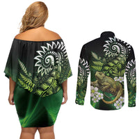 Aotearoa New Zealand Tuatara Couples Matching Off Shoulder Short Dress and Long Sleeve Button Shirt Maori Koru Art LT05 - Polynesian Pride