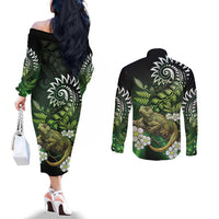 Aotearoa New Zealand Tuatara Couples Matching Off The Shoulder Long Sleeve Dress and Long Sleeve Button Shirt Maori Koru Art LT05 - Polynesian Pride
