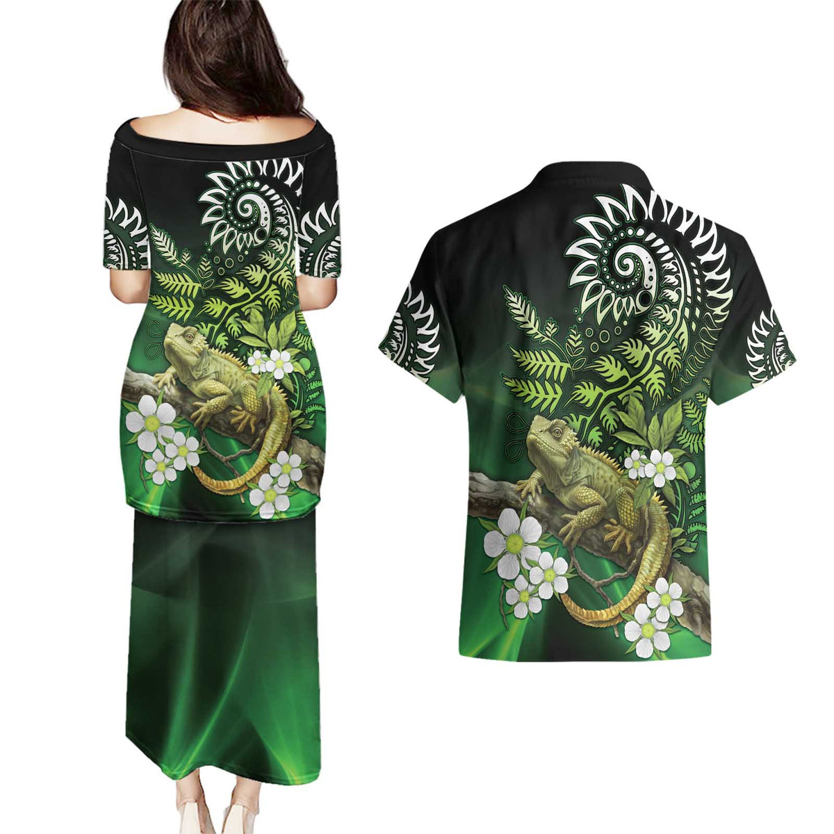 Aotearoa New Zealand Tuatara Couples Matching Puletasi and Hawaiian Shirt Maori Koru Art LT05 - Polynesian Pride