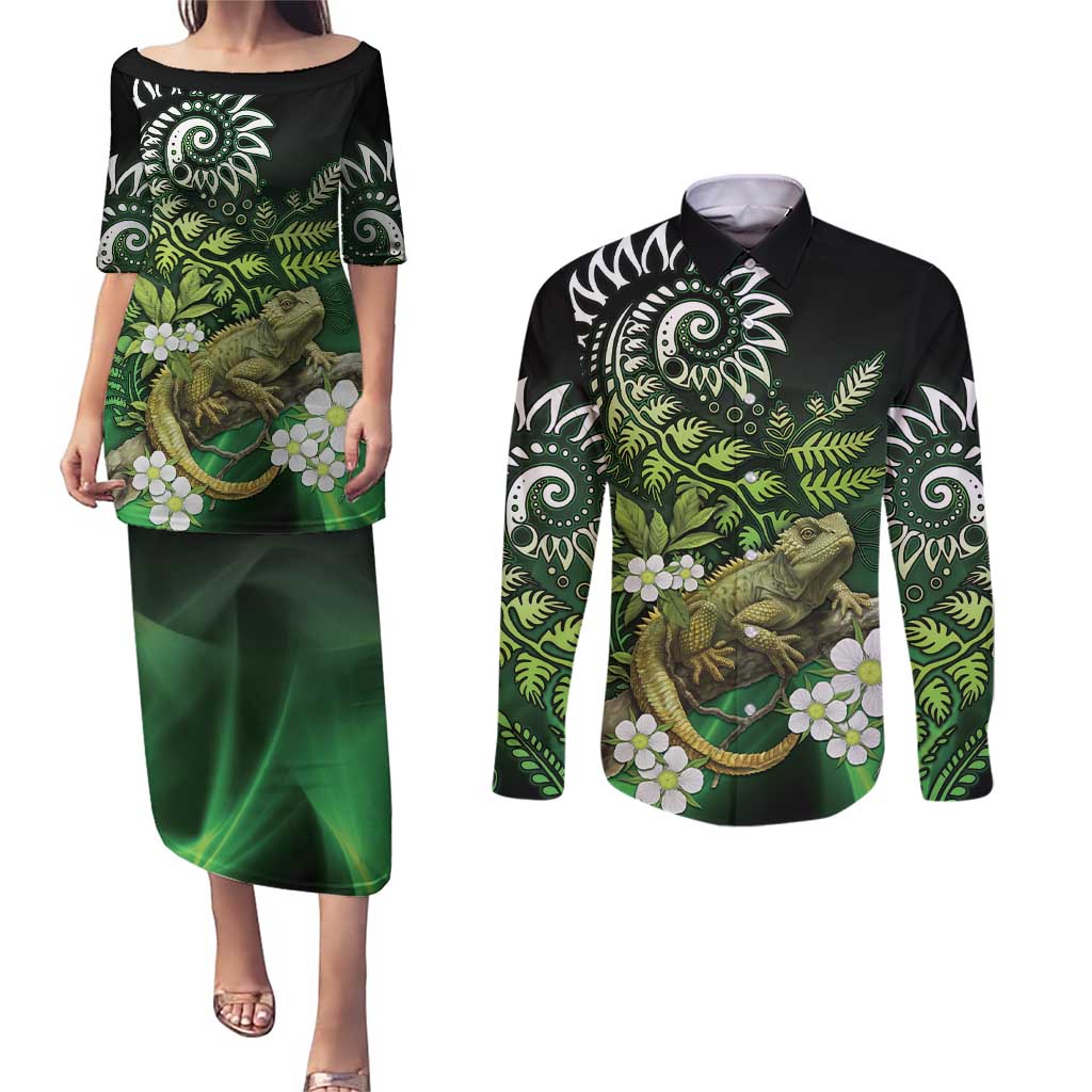 Aotearoa New Zealand Tuatara Couples Matching Puletasi and Long Sleeve Button Shirt Maori Koru Art LT05 Green - Polynesian Pride