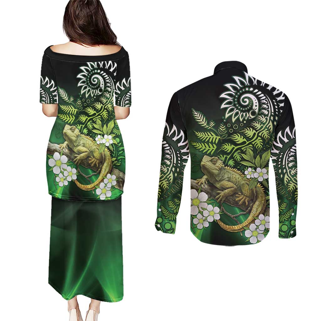 Aotearoa New Zealand Tuatara Couples Matching Puletasi and Long Sleeve Button Shirt Maori Koru Art LT05 - Polynesian Pride