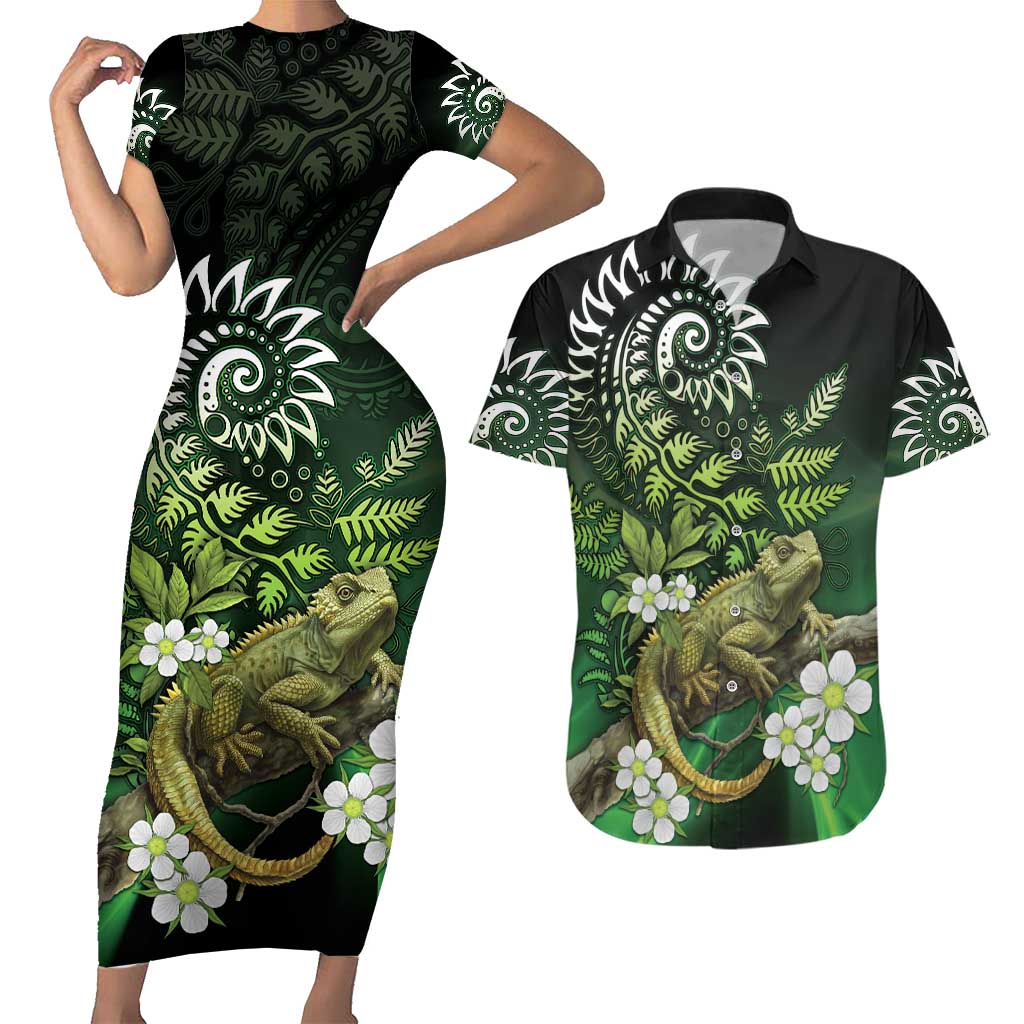 Aotearoa New Zealand Tuatara Couples Matching Short Sleeve Bodycon Dress and Hawaiian Shirt Maori Koru Art LT05 Green - Polynesian Pride
