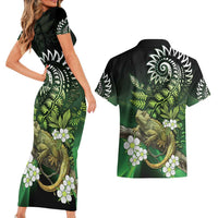 Aotearoa New Zealand Tuatara Couples Matching Short Sleeve Bodycon Dress and Hawaiian Shirt Maori Koru Art LT05 - Polynesian Pride