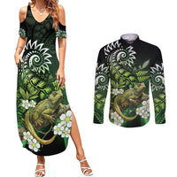 Aotearoa New Zealand Tuatara Couples Matching Summer Maxi Dress and Long Sleeve Button Shirt Maori Koru Art LT05 Green - Polynesian Pride