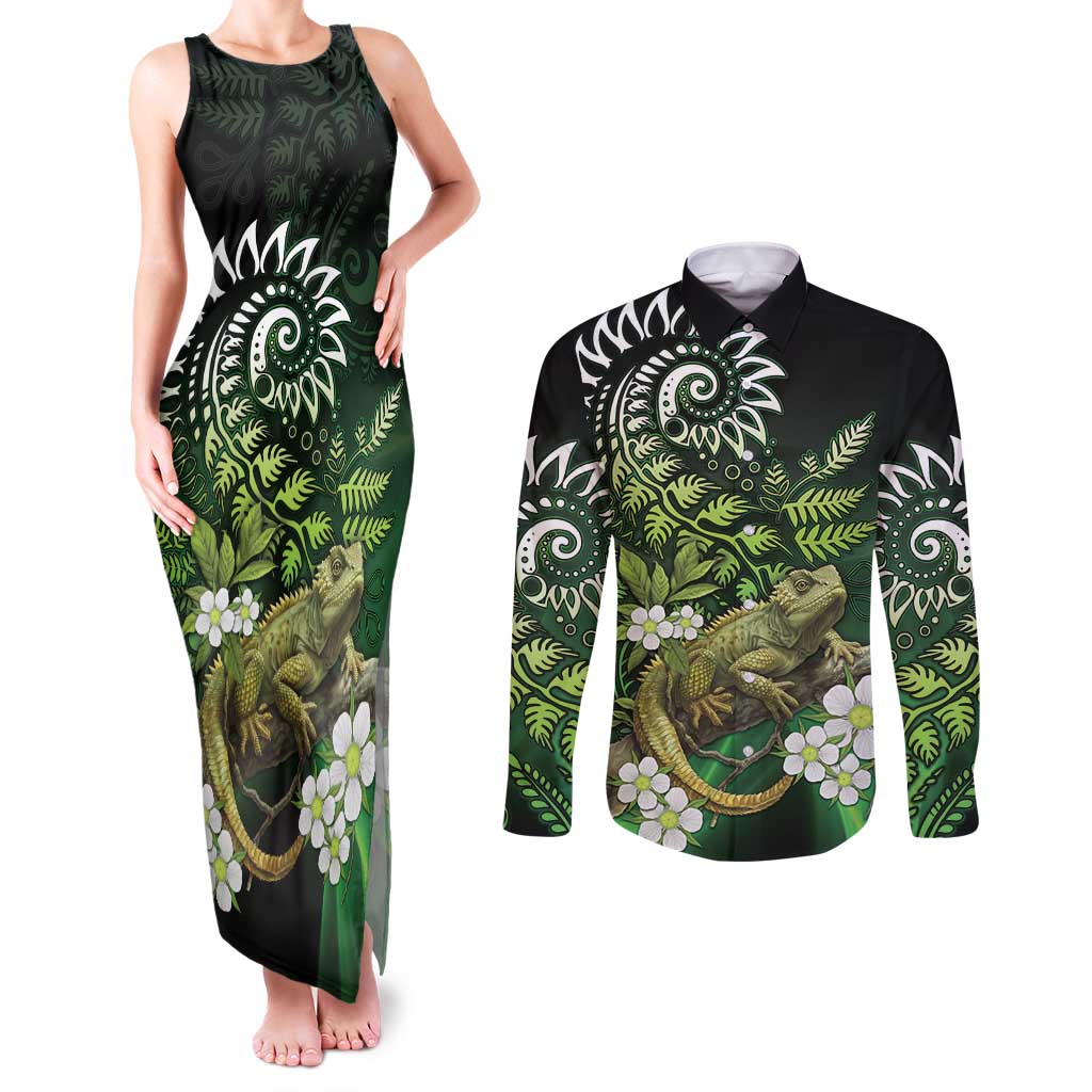 Aotearoa New Zealand Tuatara Couples Matching Tank Maxi Dress and Long Sleeve Button Shirt Maori Koru Art LT05 Green - Polynesian Pride