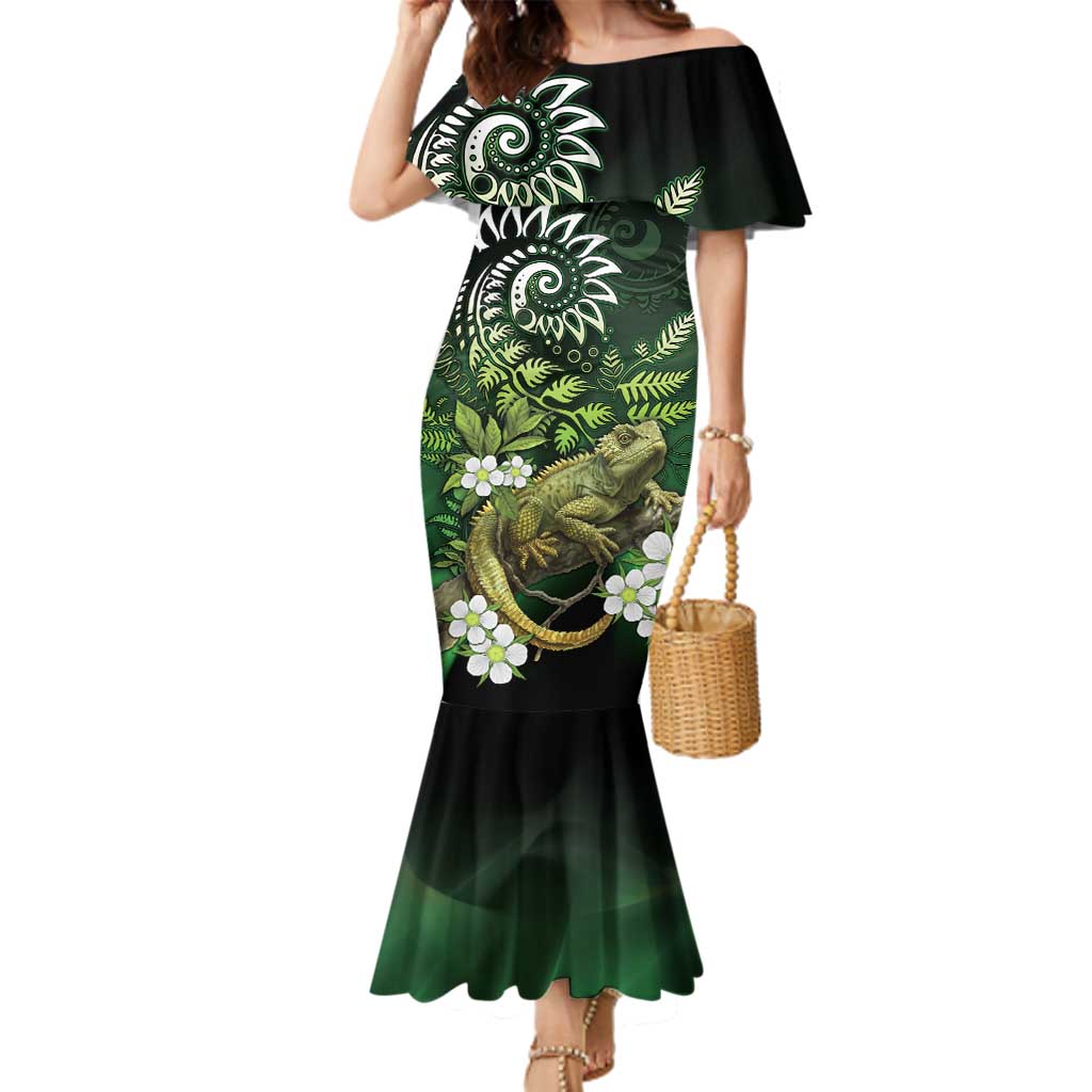 Aotearoa New Zealand Tuatara Family Matching Mermaid Dress and Hawaiian Shirt Maori Koru Art LT05 Mom's Dress Green - Polynesian Pride