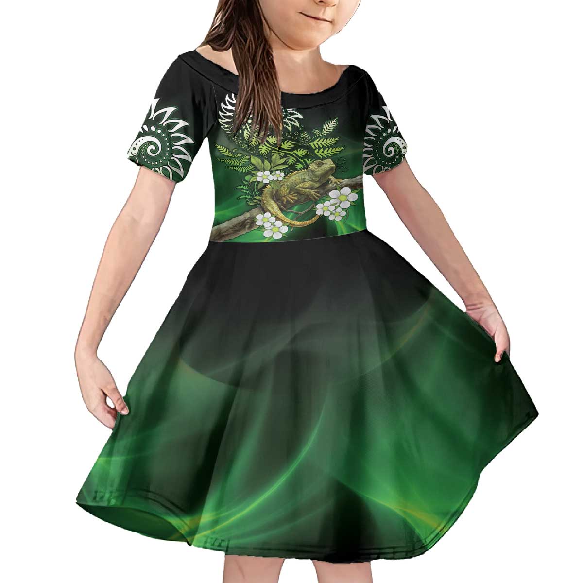 Aotearoa New Zealand Tuatara Family Matching Off The Shoulder Long Sleeve Dress and Hawaiian Shirt Maori Koru Art LT05 Daughter's Dress Green - Polynesian Pride