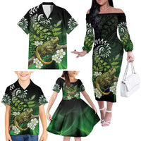 Aotearoa New Zealand Tuatara Family Matching Off The Shoulder Long Sleeve Dress and Hawaiian Shirt Maori Koru Art LT05 - Polynesian Pride