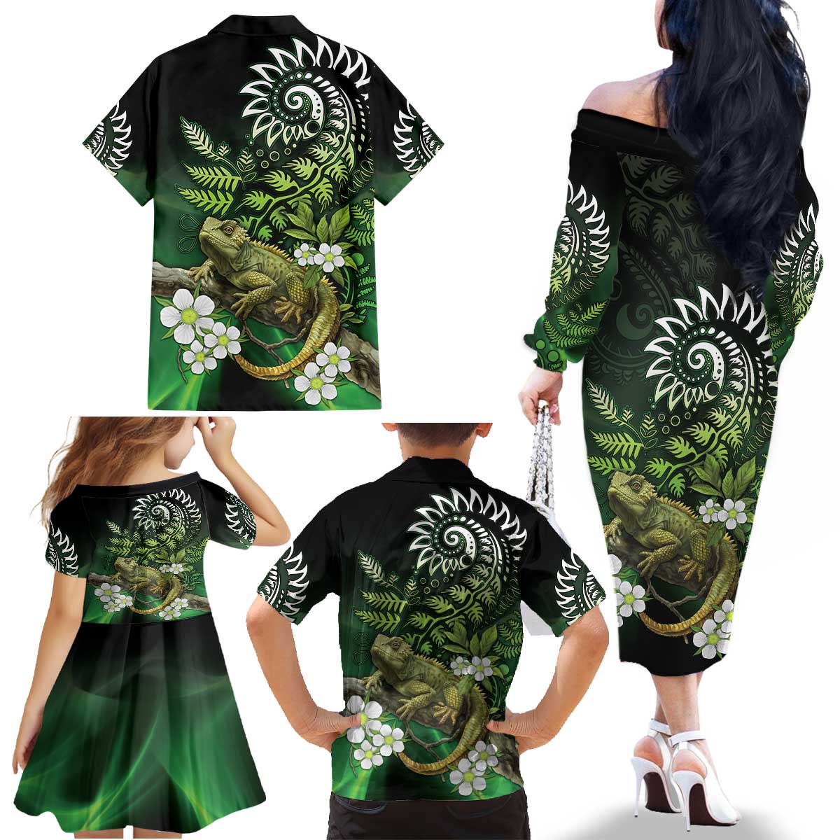 Aotearoa New Zealand Tuatara Family Matching Off The Shoulder Long Sleeve Dress and Hawaiian Shirt Maori Koru Art LT05 - Polynesian Pride