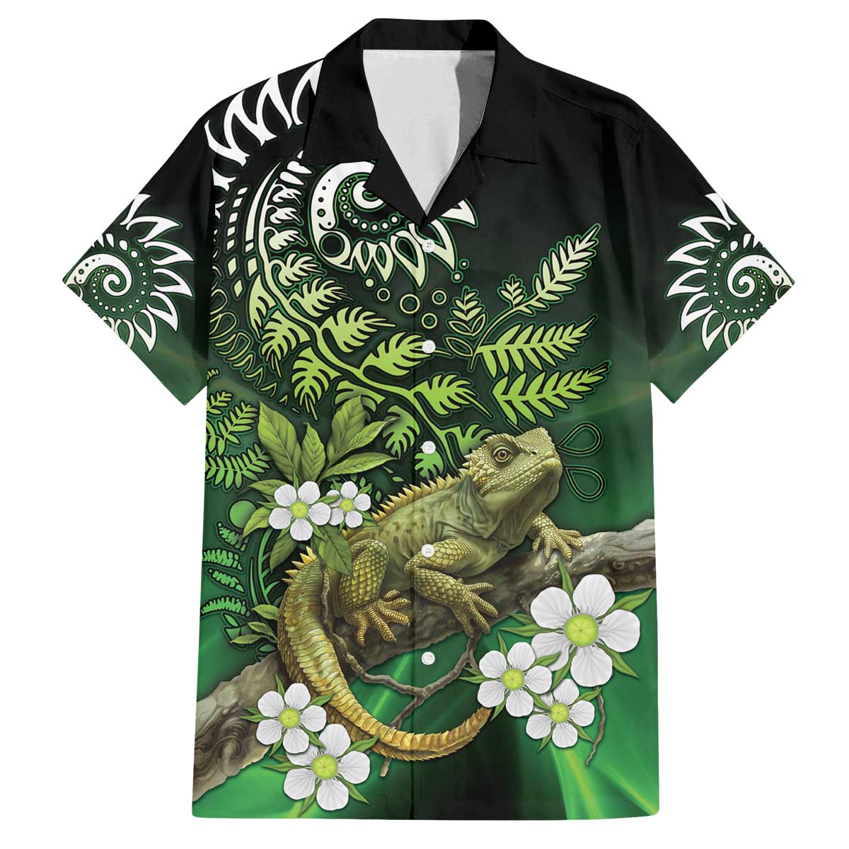 Aotearoa New Zealand Tuatara Family Matching Off The Shoulder Long Sleeve Dress and Hawaiian Shirt Maori Koru Art LT05 Dad's Shirt - Short Sleeve Green - Polynesian Pride