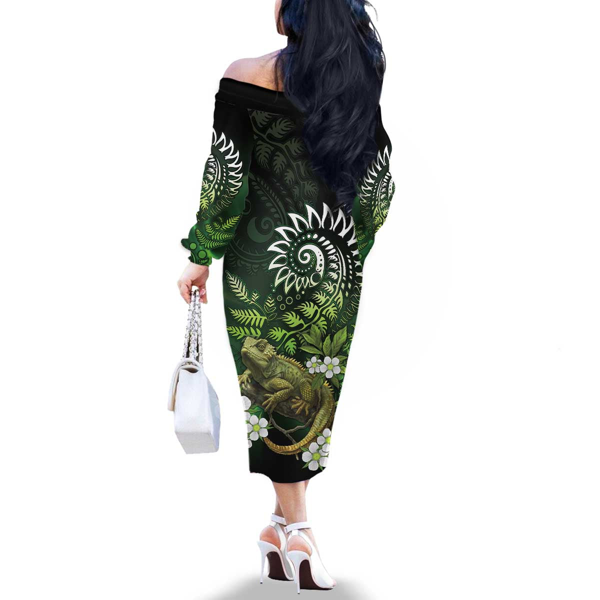 Aotearoa New Zealand Tuatara Family Matching Off The Shoulder Long Sleeve Dress and Hawaiian Shirt Maori Koru Art LT05 - Polynesian Pride