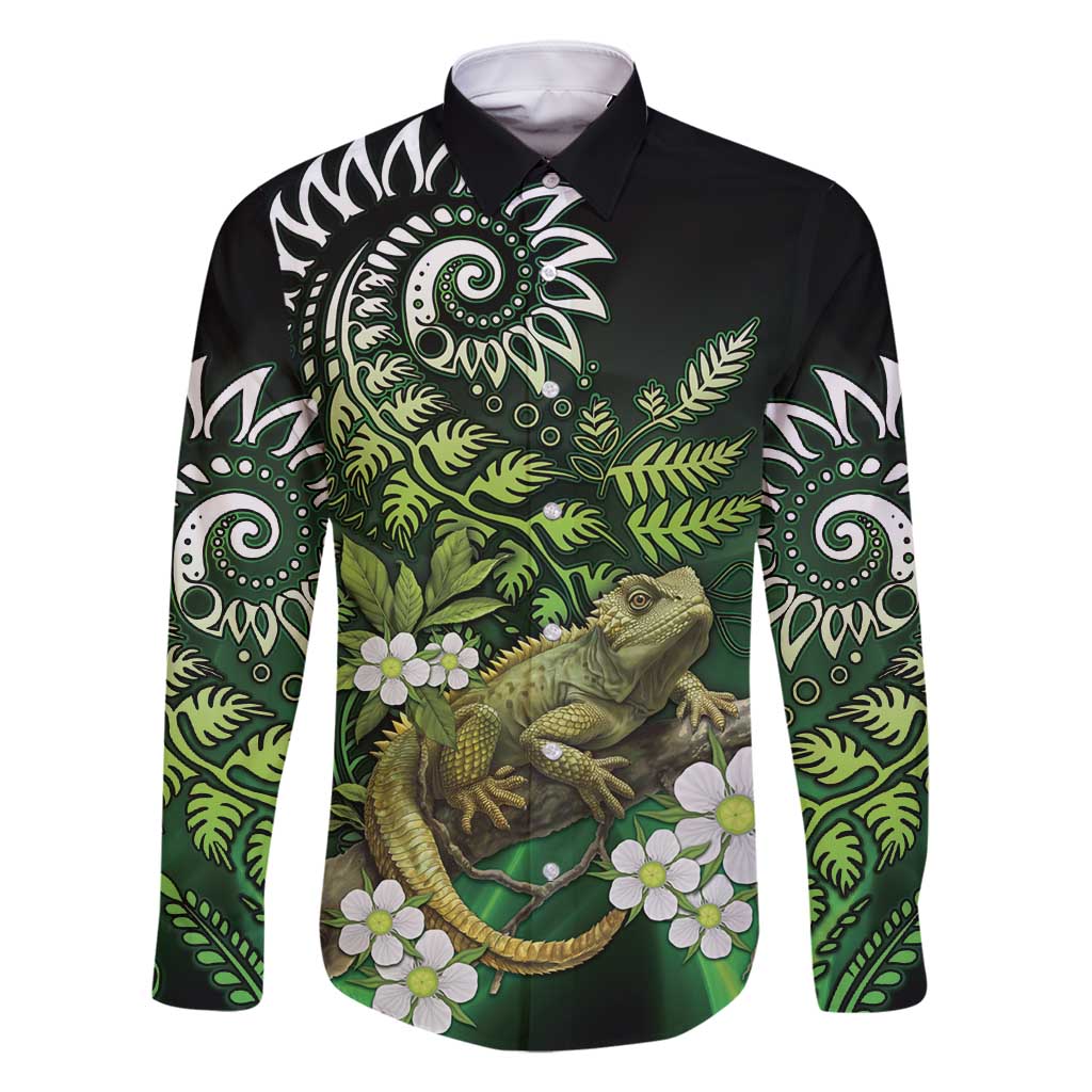 Aotearoa New Zealand Tuatara Family Matching Off Shoulder Maxi Dress and Hawaiian Shirt Maori Koru Art LT05 Dad's Shirt - Long Sleeve Green - Polynesian Pride