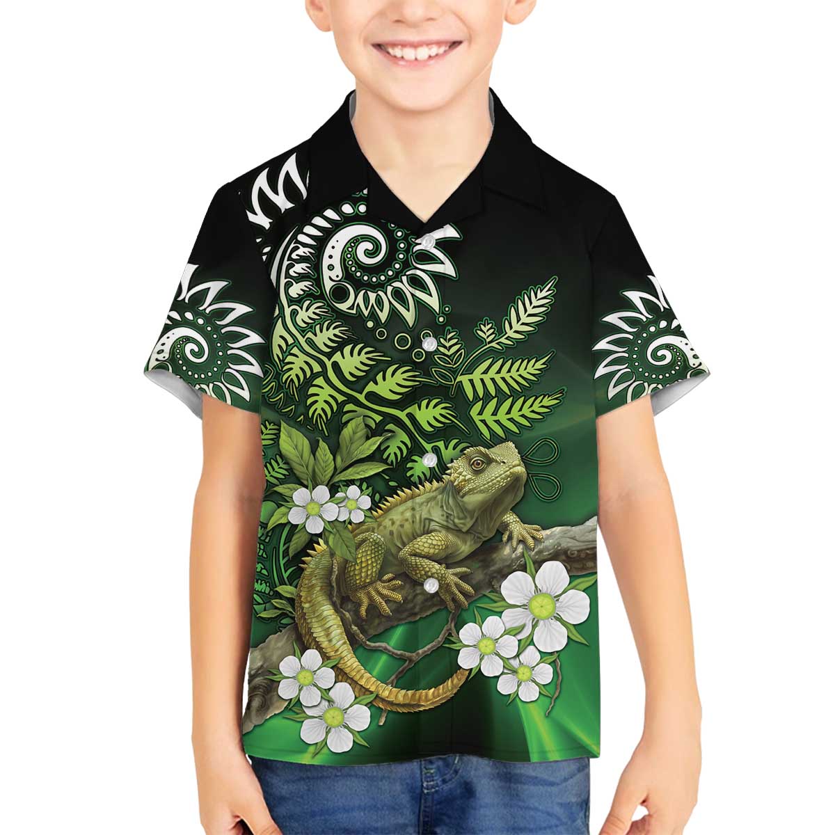 Aotearoa New Zealand Tuatara Family Matching Off Shoulder Short Dress and Hawaiian Shirt Maori Koru Art LT05 Son's Shirt Green - Polynesian Pride