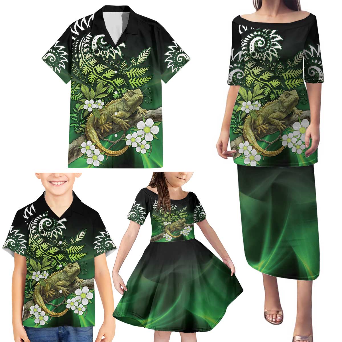 Aotearoa New Zealand Tuatara Family Matching Puletasi and Hawaiian Shirt Maori Koru Art LT05 - Polynesian Pride